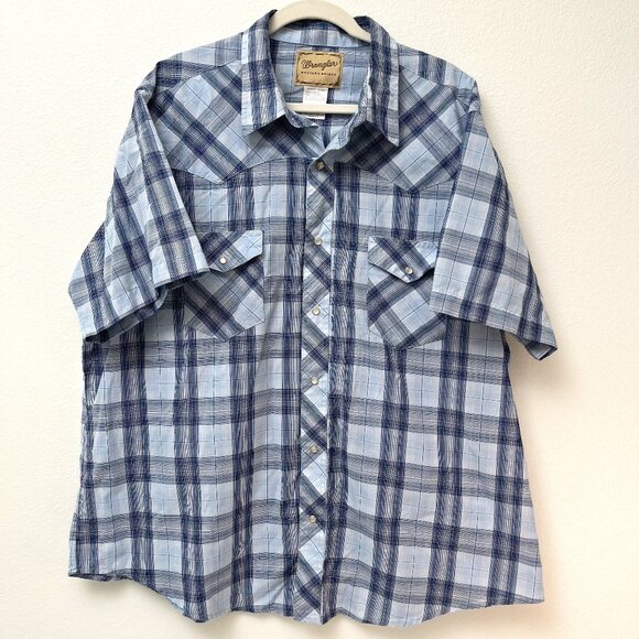 Wrangler Other - Wrangler Western Shirt Blue Plaid Pearl Snap Short Sleeve Button Up Men's 2XL